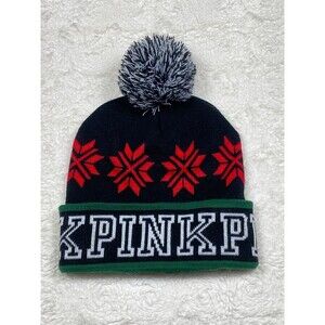 VS PINK Fair Isle pompom winter hat Beanie black red one size
